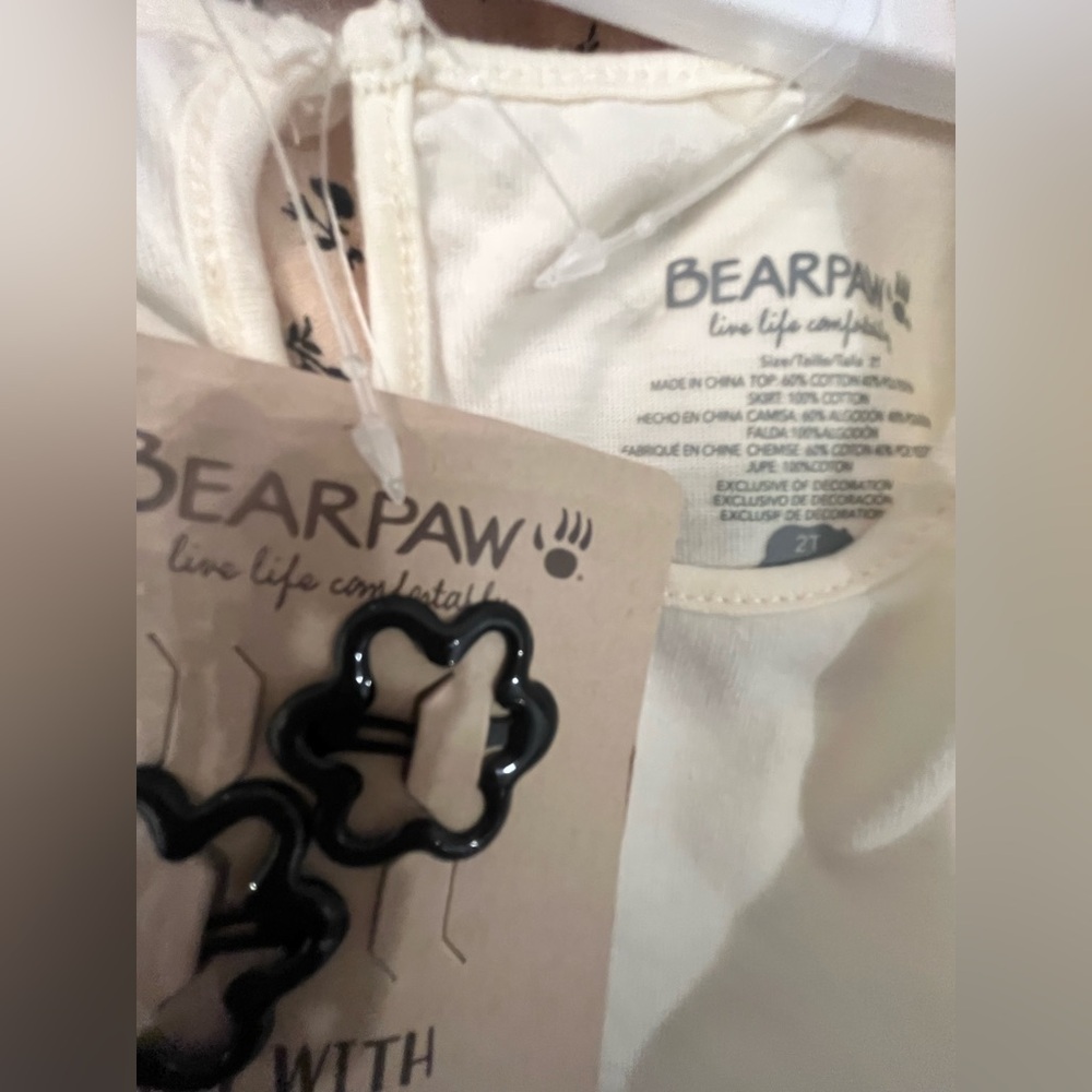 NWT Bearpaw Toddler Girl Floral Cotton Dress Cream and Tan with Hair clips - Picture 6 of 7